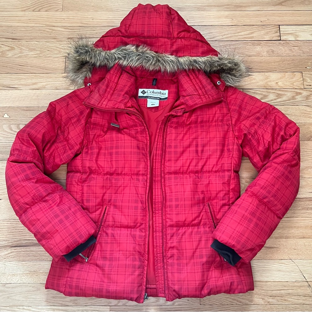 COLUMBIA Hooded Puffer Down Jacket Removable Faux Fur Women's Medium Red Plaid